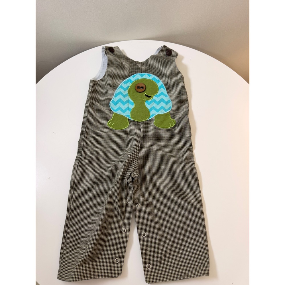 La Jenns Turtle Longall Kids 24M Brown Excellent Gingham Applique Overalls